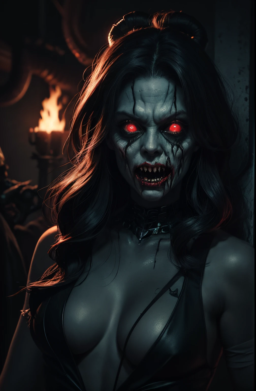 a terrifying mental image of a female figure of pure evil, immersed in a hideous, hellish environment, appearance with grotesque features and sinister deformities that evoke instant horror, glowing eyes, contorted skin, dark attire that exude an evil aura, environment around as a hellscape, distorted shadows, agonizing, obscure, terrifying nightmare, capturing all of the viewer's senses and leaving a lasting impression of horror, evil female figure in a obscure place coming from hell, nightmare, fiend, demonic presence