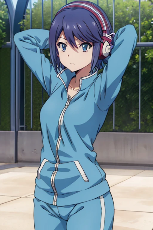 (((pixel-perfect, detail-perfect))), solo, 1girl, kotone fujisaki, tracksuit jacket, looking at viewer, closed mouth, headphones, forest, dark sky, contrapposto, expressionless, spread armpits, cowboy shot, arms behind head,