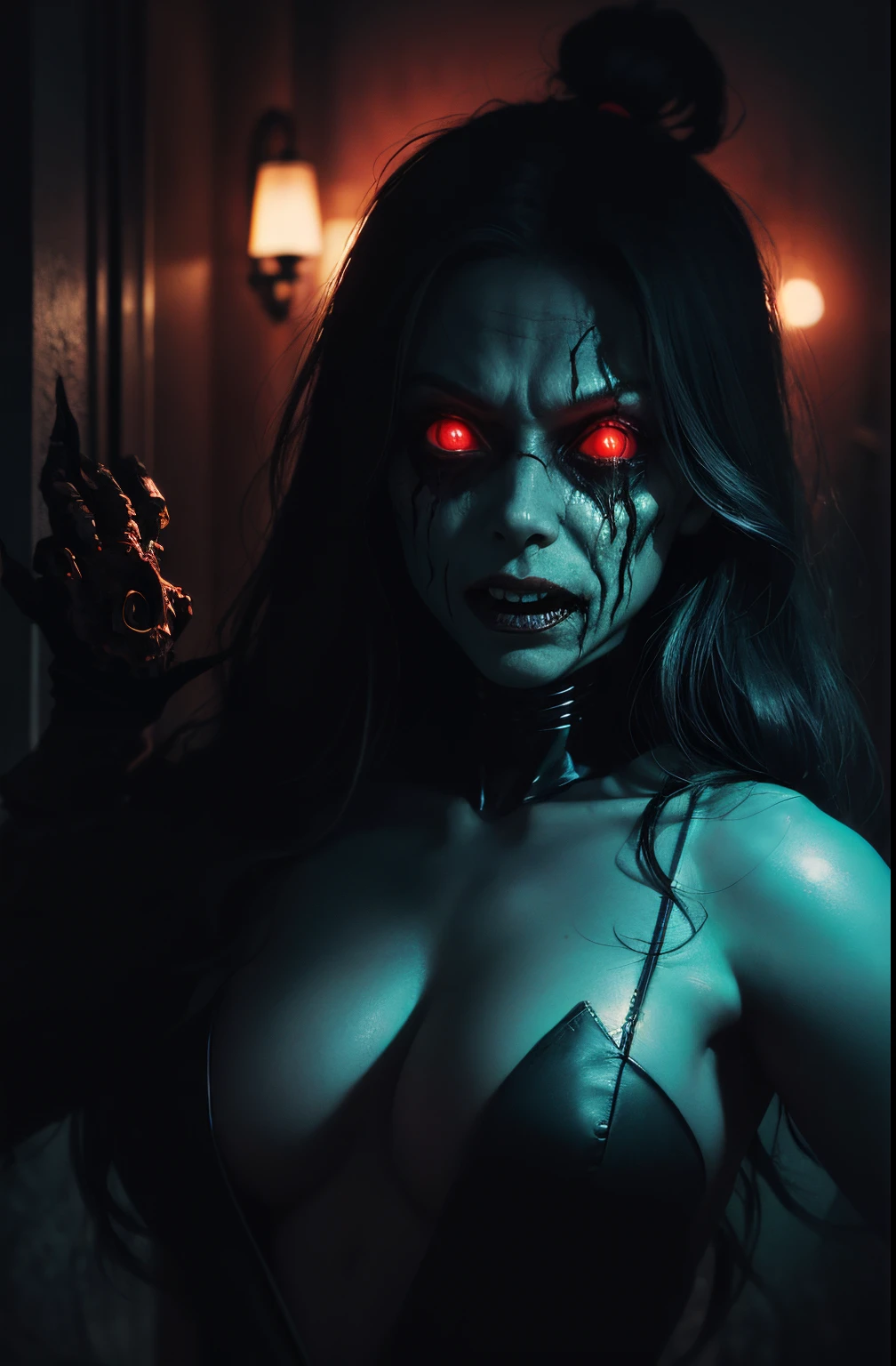 a terrifying mental image of a female figure of pure evil, immersed in a hideous, hellish environment, appearance with grotesque features and sinister deformities that evoke instant horror, glowing eyes, contorted skin, dark attire that exude an evil aura, environment around as a hellscape, distorted shadows, agonizing, obscure, terrifying nightmare, capturing all of the viewer's senses and leaving a lasting impression of horror, evil female figure in a obscure place coming from hell, nightmare, fiend, demonic presence
