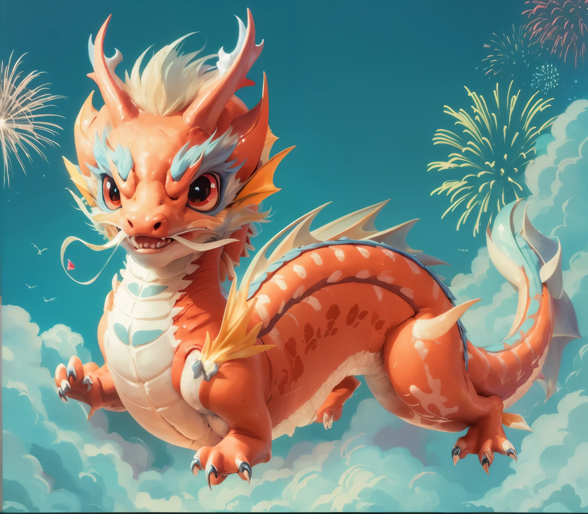 There a dragon flying in the sky,Fireworks in the background, chinese dragon concept art, Dragons fly in the sky, newly hatched dragon, a dragon made of clouds, cute little dragon, smooth chinese dragon, long dragon, Dragons fly in the sky, legendary dragon, The dragon in the sky, Dragons fly in the sky, chinesedragon, The big red dragon flew above them