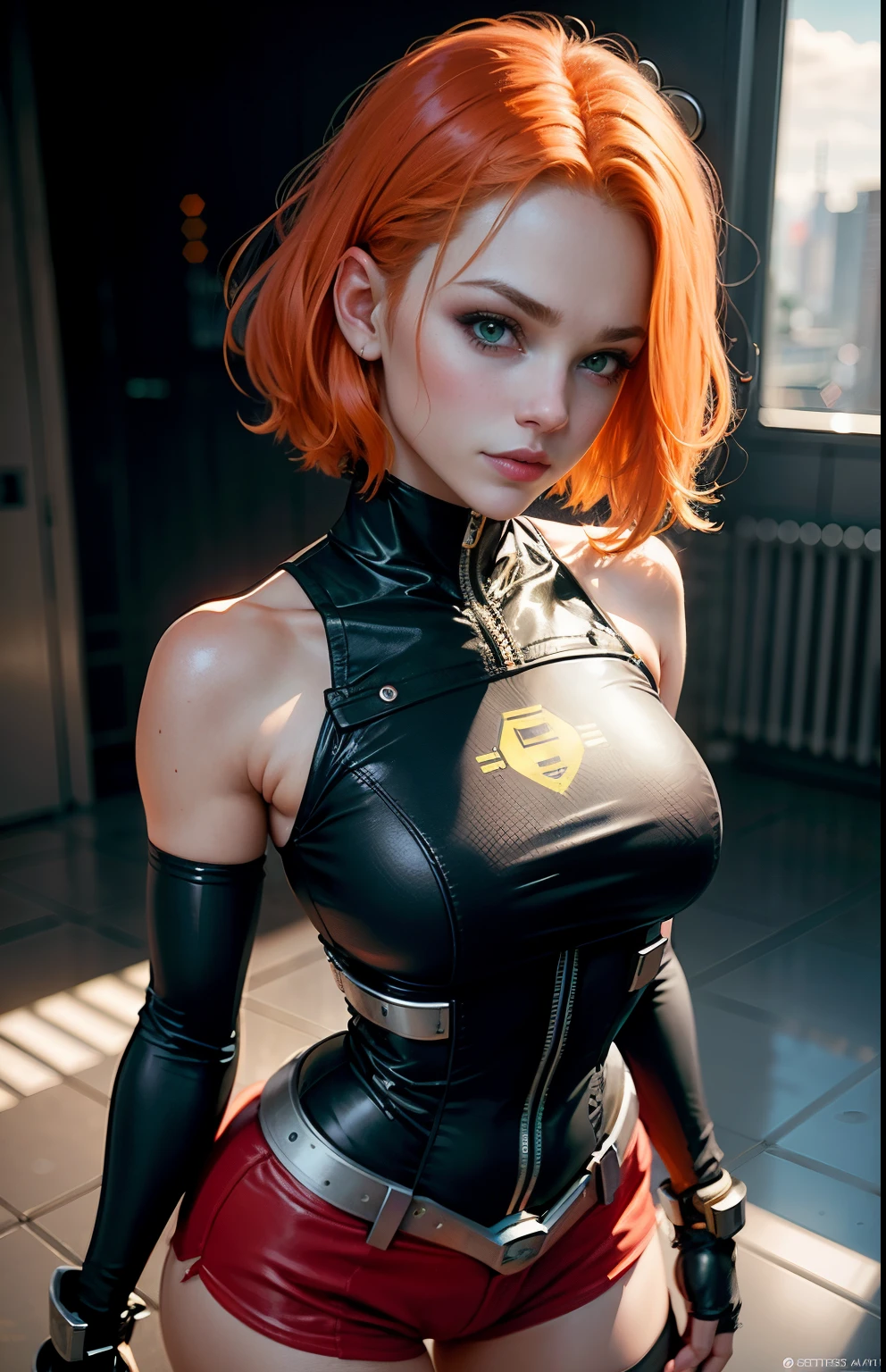 Gwen Tennyson,1girl,ensolarado,fechar para cima,CIDADE CYBERPUNK,nave espacial,steel armor, Uniforme Supergirl, steel corset,cinta-liga,top de lycra de manga comprida,Shorts de Lycra,short hair, brincos de prata,segurando um blaster, goth makeup,olhos verdes,orange hair,Destaques do cabelo roxo,Shy smile, Sardas,redhead,Beautiful girl,seios grandes,ultra detalhado,Realistic,arte de fantasia,