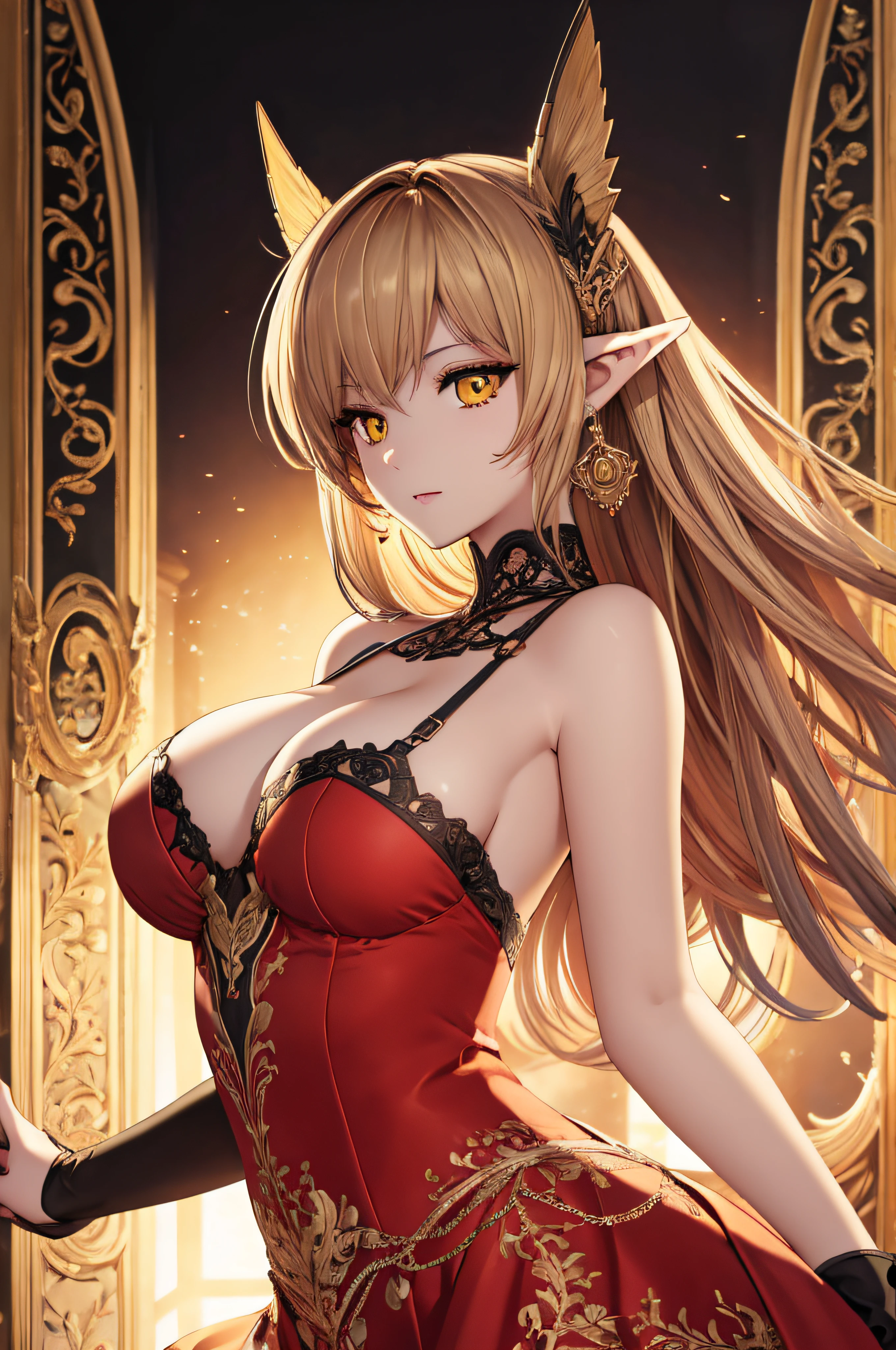 masterpiece, highres, best quality, highly detailed, wallpaper, painterly, brush strokes, pointy ears, yellow eyes, slit pupils, beautiful woman, large breasts, red dress