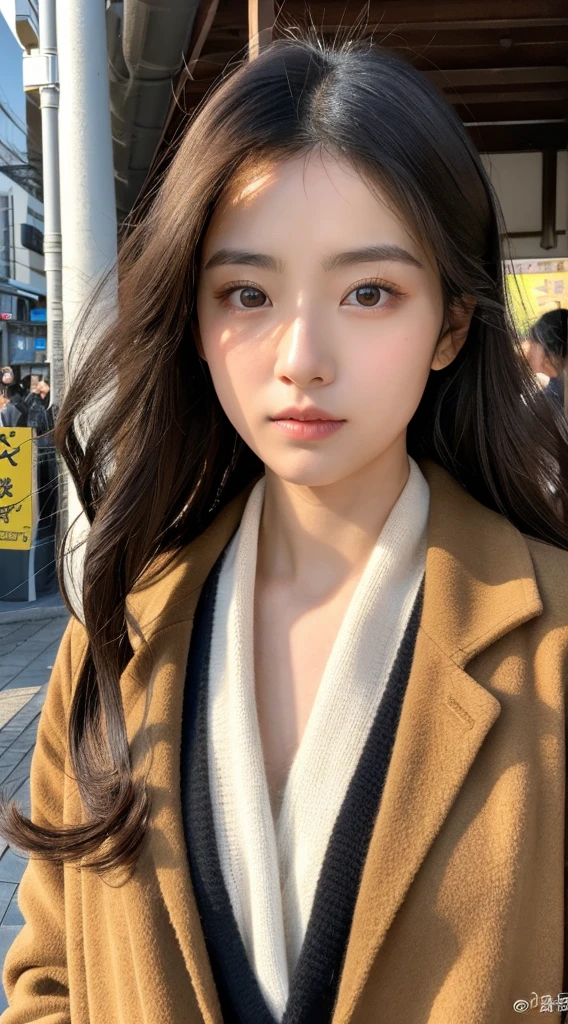 Top image quality、masterpiece、Beautuful Women、japanes、25-years old、Station platform、(masuter piece:1.3)、(in 8K、Photorealsitic、Raw photography、top-quality:1.4)、(1girl in)、beautiful expression、(Lifelike face)、(A dark-haired、Realistic eyes beautiful details、(real looking skin)、coat、muffler、absurderes、enticing、ultra res、A hyper-realistic、high detal、the golden ratio、serious faces、dual、long、Loose perm、Beautiful Japan Woman