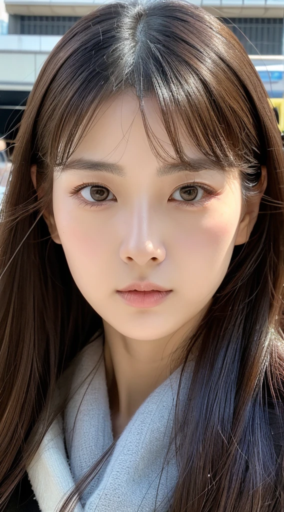 Top image quality、masterpiece、Beautuful Women、japanes、25-years old、Station platform、(masuter piece:1.3)、(in 8K、Photorealsitic、Raw photography、top-quality:1.4)、(1girl in)、beautiful expression、(Lifelike face)、(A dark-haired、Realistic eyes beautiful details、(real looking skin)、coat、muffler、absurderes、enticing、ultra res、A hyper-realistic、high detal、the golden ratio、serious faces、dual、long、Loose perm、Beautiful Japan Woman