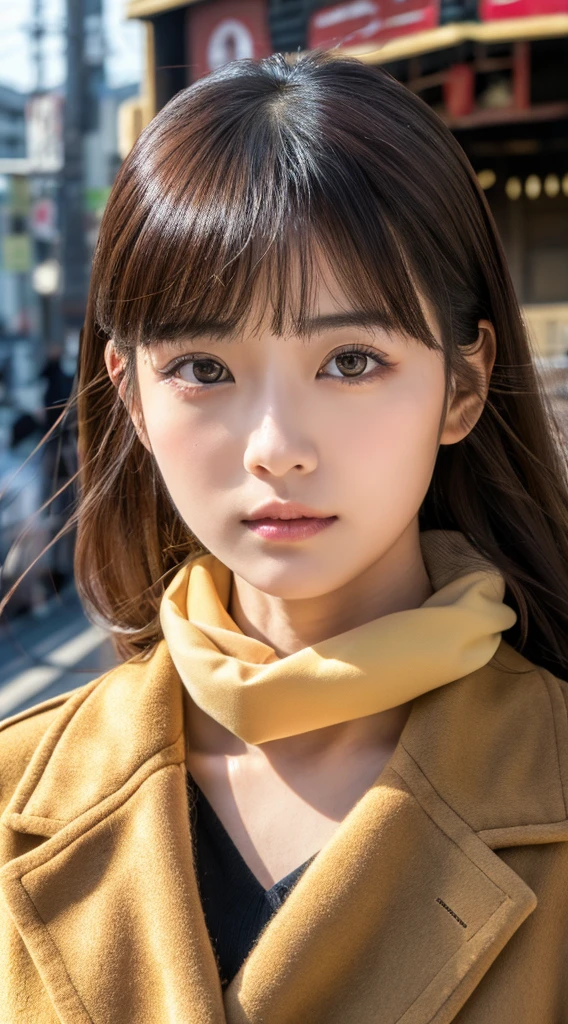 Top image quality、masterpiece、Beautuful Women、japanes、25-years old、Station platform、(masuter piece:1.3)、(in 8K、Photorealsitic、Raw photography、top-quality:1.4)、(1girl in)、beautiful expression、(Lifelike face)、(A dark-haired、Realistic eyes beautiful details、(real looking skin)、coat、muffler、absurderes、enticing、ultra res、A hyper-realistic、high detal、the golden ratio、serious faces、dual、long、Loose perm、Beautiful Japan Woman