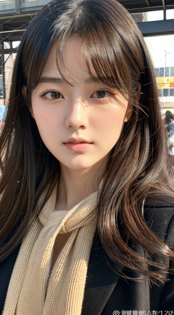 Top image quality、masterpiece、Beautuful Women、japanes、25-years old、Station platform、(masuter piece:1.3)、(in 8K、Photorealsitic、Raw photography、top-quality:1.4)、(1girl in)、beautiful expression、(Lifelike face)、(A dark-haired、Realistic eyes beautiful details、(real looking skin)、coat、muffler、absurderes、enticing、ultra res、A hyper-realistic、high detal、the golden ratio、serious faces、dual、long、Loose perm、Beautiful Japan Woman