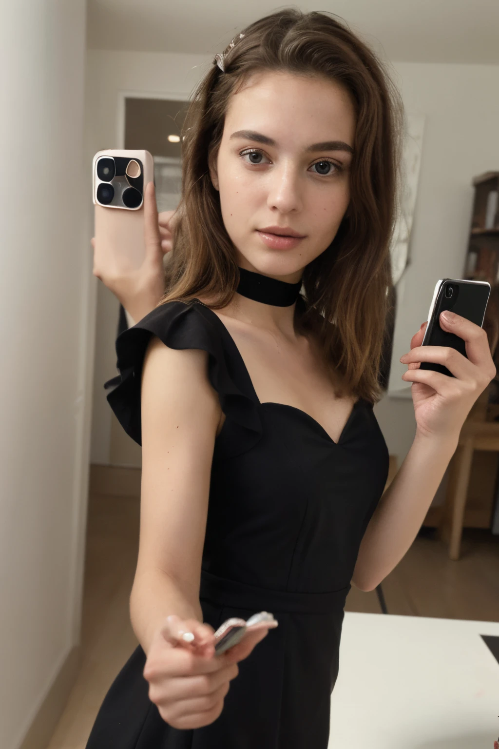 ((best quality)), ((masterpiece)), (detailed), perfect face, takes a handheld photo with the phone's front camera in a fit BLACK DRESS