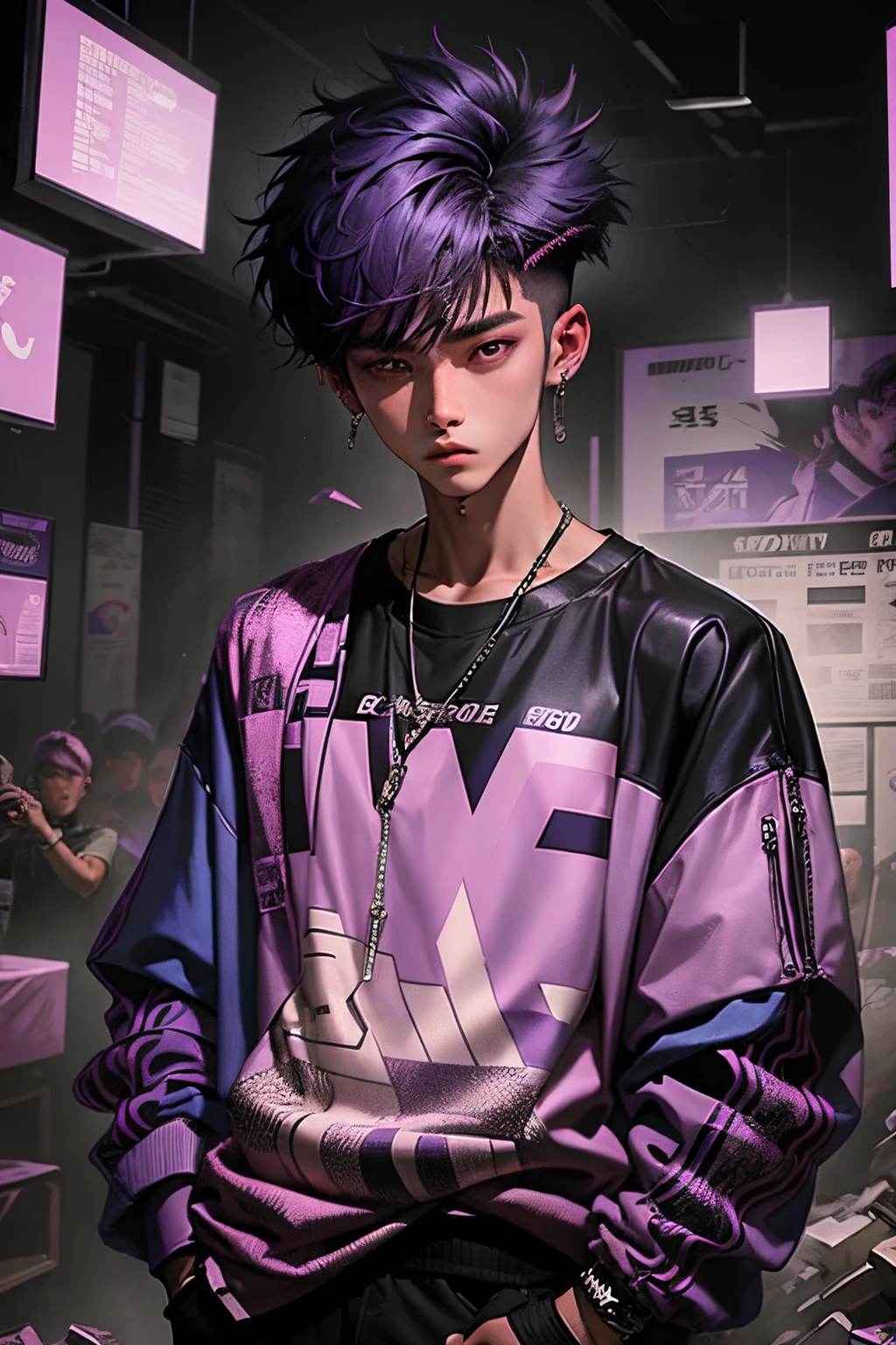kpop young age boy with fade cut dark purple, open purple jacket with dark blue shirts, , casino background, popstar, He has a normal Putt Putt Troll appearance overall, pink crystal broken glass mirror background