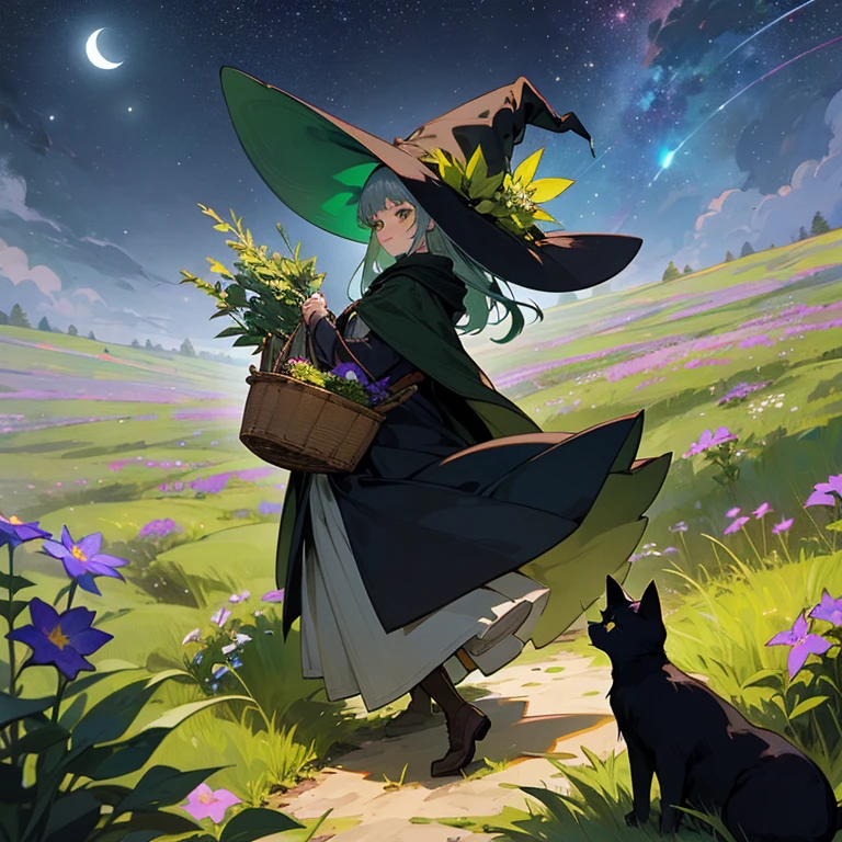 Farbe々A witch around 25 years old carrying a large basket containing various kinds of herbs...... A slight smil Black cloak Dark brown long boots Green eyes Meadow at night starrysky buddy black cat Flowers shining faintly on the ground々