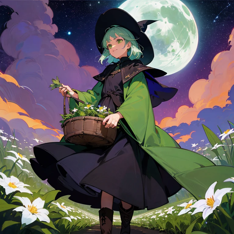Farbe々A witch around 25 years old carrying a large basket containing various kinds of herbs...... A slight smil Black cloak Dark brown long boots Green eyes Meadow at night starrysky buddy black cat Flowers shining faintly on the ground々