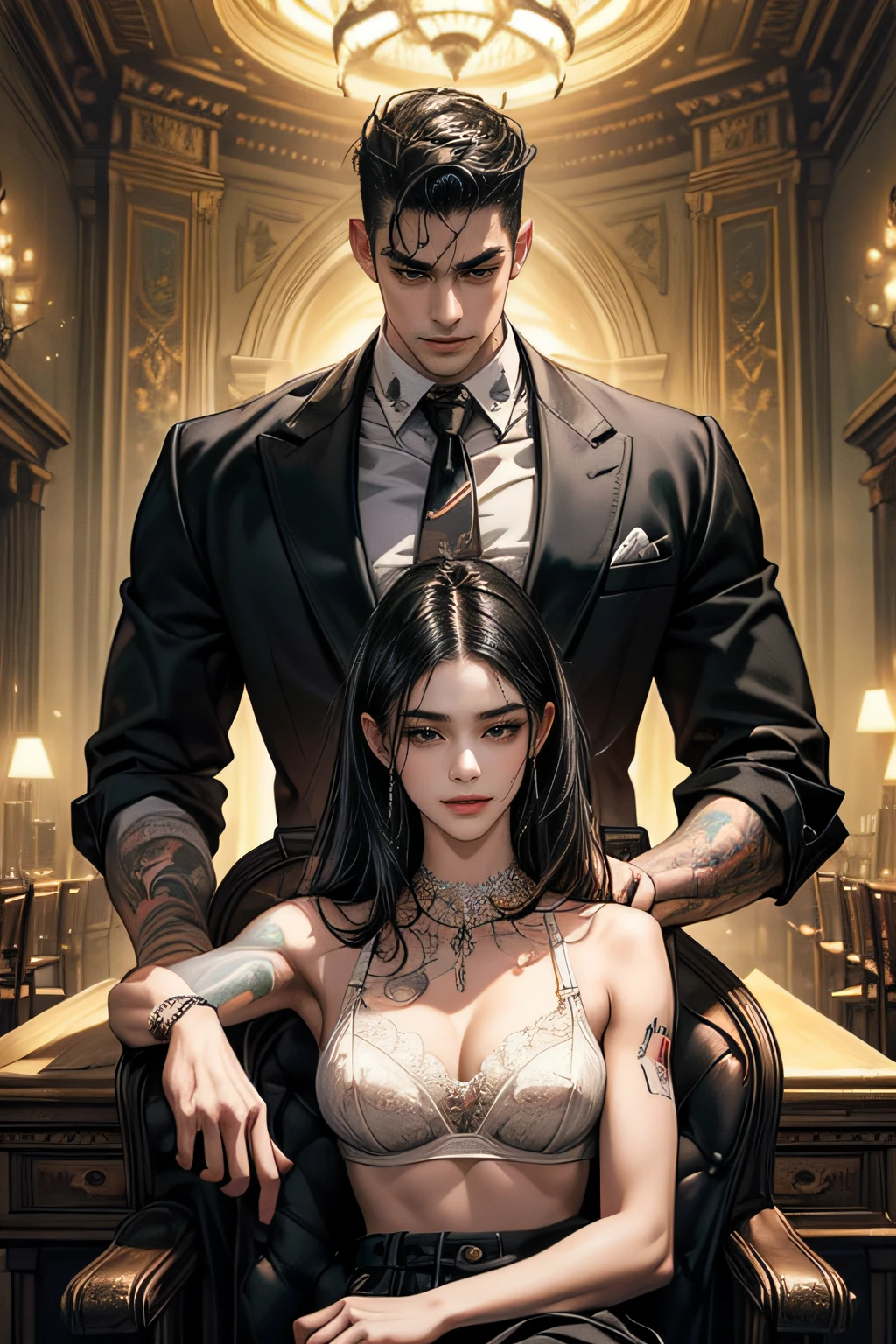 (masterpiece, 最高品質, bestquality, official art, beautiful and beautiful:1.2), Very detail, (a man sitting on a chair The female boss stood behind.), (1 girl, height 167 cm.+1 male, height 180 CM), (1MAN has muscles, tattoo on neck, looking at the audience), mafia,Work Desk (1 beautiful girl, Black Hair, White bra)