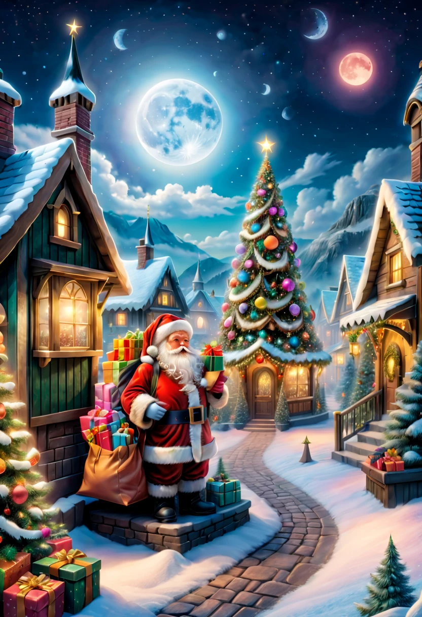 (tarot cards:1.5,rotary symmetrical),(tmasterpiece),(ultra - detailed:1.3),Best quality at best,(Sparkling:1.2),((Snowy night in Christmas town)),((Kind Santa,Christmas tree,Christmas gifts)),(The moon empty),Santa Claus carrying a bag of gifts on the roof,chimneys,natta,Skysky,moon full, and decorations, The world of dreams, Cute design style, Bubble Mart, vibrant with colors,1.4x more realism,hyper HD,Everything displayed in this beautiful scene,(The content very detailed,Reasonable design,Clear lines,High- sharpness,tmasterpiece,offcial art,movie light effect,8K)