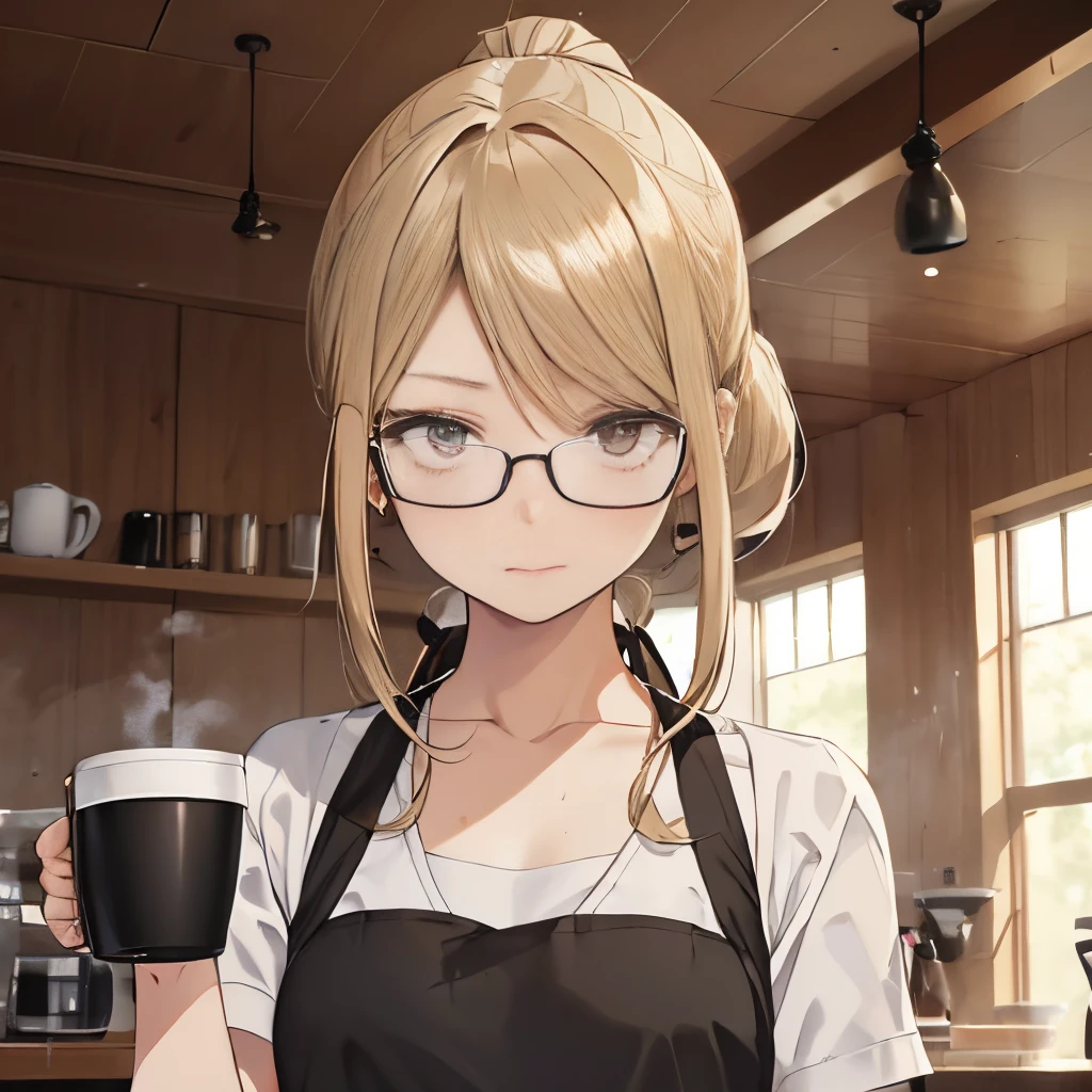 ⓪Action： (coffee mug:1.4), Holding a mug in your hand, ①Quality：(Ultra-detailed:1.3), masutepiece, 8K, extremely details CG, (1 girl), Perfect hands:1.2), (Perfect Anatomy:1.2), (Beautiful face: 1.1), The specifics of the complex iris, fascinating eye reflection, Glowing highlights of the eyes, Depth and three-dimensionality of pupils, Subtle color changes in the iris, Particular eyelash details,　Depth and three-dimensionality of pupils, ②Lighting：Brightening light, Moody lighting, Nature lighting, Best Illumination, ③ part: (flat chest: 1.4), Floating hair, Detailed face, Detailed eyes, Shiny hair, ④Style: Animation, Illustration, ⑤Subject： (Low Ponytail hair:1.3), (Blonde hair, Straight hair, Long hair,Hair in the middle, Black eyes, Sanpaku eyes ), ⑥Environment： cafes,kitchin,a bar counter , ⑦Construction：Upper body, (closeup view: 1.3), Looking at Viewer, Very Wide Shot, From below, ⑧Costume : (Cafe Apron: 1.3), (Glasses:1.5), ⑨Others：(Slender body、small head、Seven-headed body), Wear an apron over a T-shirt,