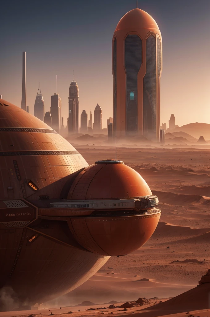 A bustling city rises from the red sands of Mars, showcasing futuristic buildings, innovative technologies, and a diverse population. The design embodies the human spirit of exploration and the potential for establishing new communities beyond Earth.