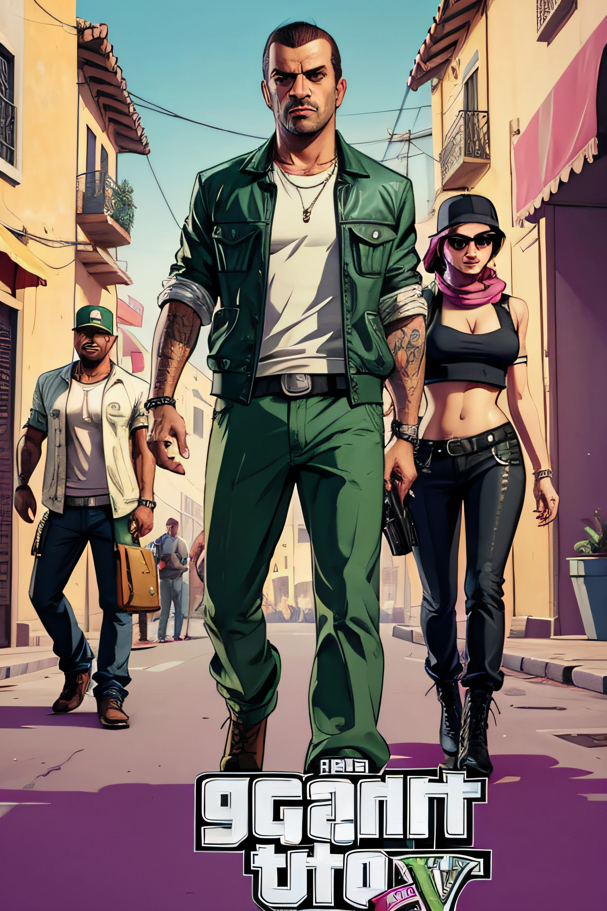 Image of a group of Lucia and Jason walking down a street in Marrakech, les mains dans les poches, Dressed as Super Mario , 2D Game Art GTA Cover, 2 D Game Art GTA Cover, Style artistique GTA, Grand Theft Auto Style, Style artistique GTA, Style de GTA V, 2D Game Art GTA5 Cover, Affiche du jeu, Style GTA, style of gta v artworks, Couverture GTA, gta loading screen art real 8k