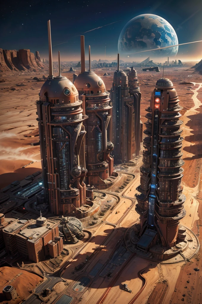 A bustling city rises from the red sands of Mars, showcasing futuristic buildings, innovative technologies, and a diverse population. The design embodies the human spirit of exploration and the potential for establishing new communities beyond Earth.