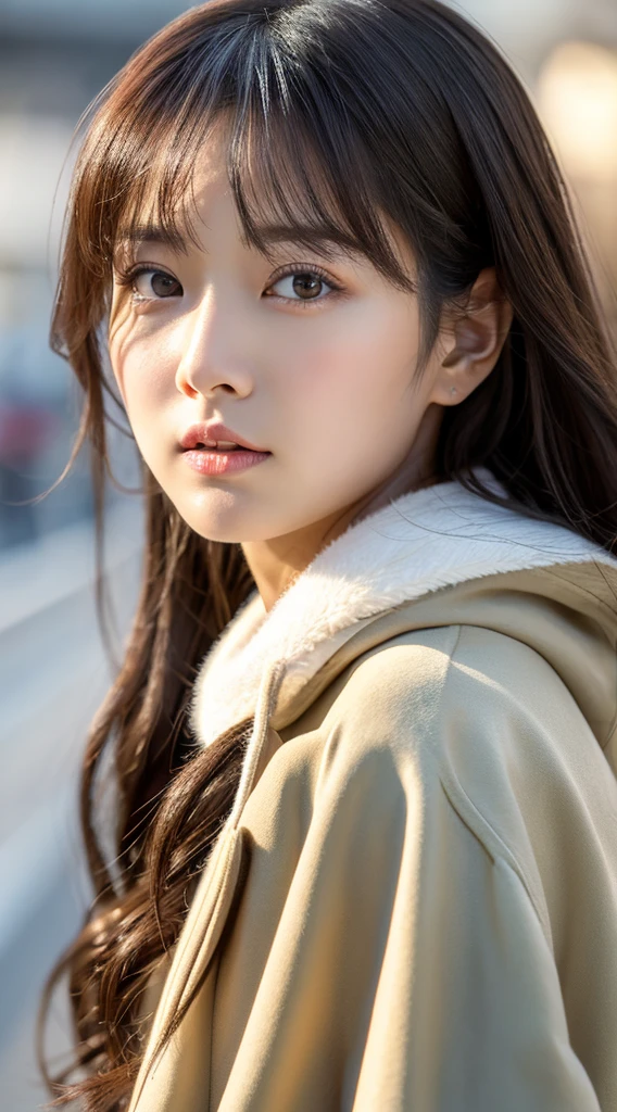 Top image quality、​masterpiece、Beautuful Women、japanes、25-years old、Station platform、（masuter piece：1.3）、（in 8K、Photorealsitic、Raw photography、top-quality：1.4）、（1girl in）、beautiful expression、（Lifelike face）、（A dark-haired、Realistic eyes beautiful details、（real looking skin）、White coat、muffler、absurderes、enticing、ultra res、A hyper-realistic、high detal、the golden ratio、serious faces、dual、long、Loose perm、Beautiful Japan Woman