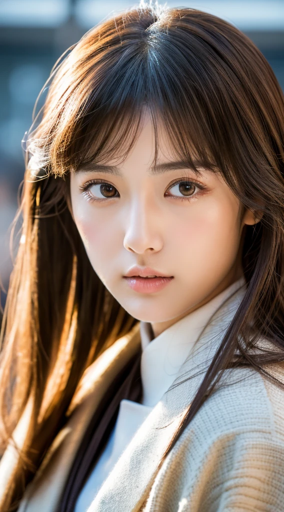 Top image quality、masterpiece、Beautuful Women、japanes、25-years old、Station platform、(masuter piece:1.3)、(in 8K、Photorealsitic、Raw photography、top-quality:1.4)、(1girl in)、beautiful expression、(Lifelike face)、(A dark-haired、Realistic eyes beautiful details、(real looking skin)、White coat、muffler、absurderes、enticing、ultra res、A hyper-realistic、high detal、the golden ratio、serious faces、dual、long、Loose perm、Beautiful Japan Woman