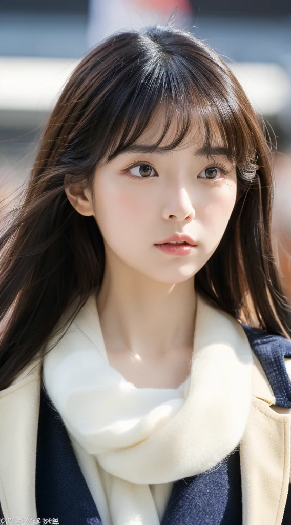 Top image quality、​masterpiece、Beautuful Women、japanes、25-years old、Station platform、（masuter piece：1.3）、（in 8K、Photorealsitic、Raw photography、top-quality：1.4）、（1girl in）、beautiful expression、（Lifelike face）、（A dark-haired、Realistic eyes beautiful details、（real looking skin）、White coat、muffler、absurderes、enticing、ultra res、A hyper-realistic、high detal、the golden ratio、serious faces、dual、long、Loose perm、Beautiful Japan Woman