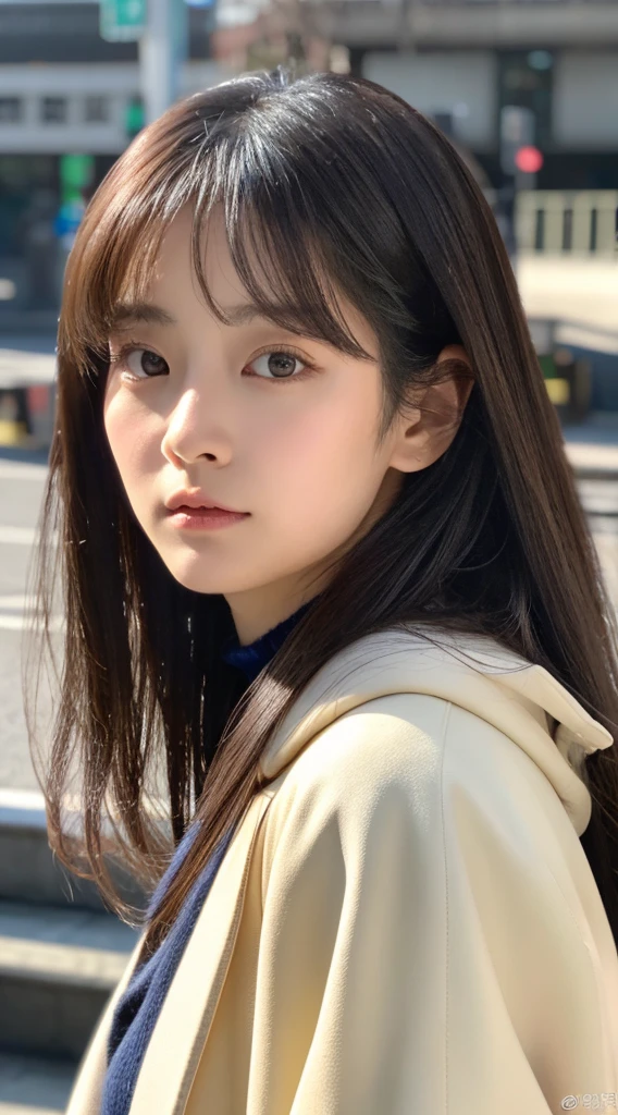 Top image quality、masterpiece、Beautuful Women、japanes、25-years old、Station platform、(masuter piece:1.3)、(in 8K、Photorealsitic、Raw photography、top-quality:1.4)、(1girl in)、beautiful expression、(Lifelike face)、(A dark-haired、Realistic eyes beautiful details、(real looking skin)、White coat、muffler、absurderes、enticing、ultra res、A hyper-realistic、high detal、the golden ratio、serious faces、dual、long、Loose perm、Beautiful Japan Woman