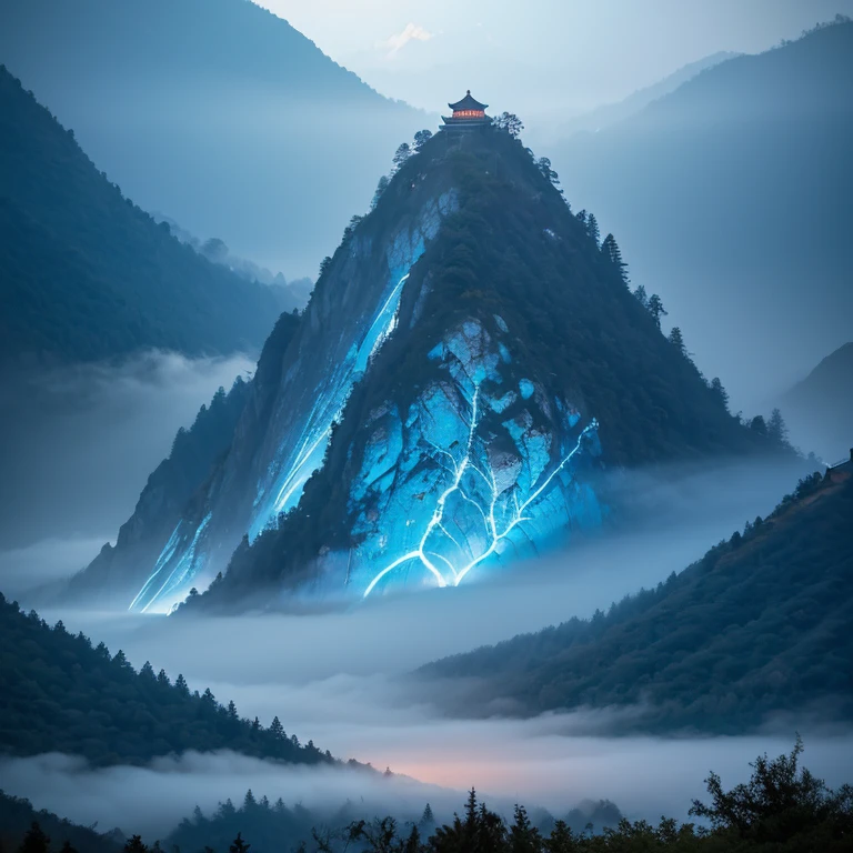Chinese mythology, tmasterpiece，Mountain and Sea Sutra, Spiritual Blue Dragon, NOhumans, The tree, glowing, glowing light eyes, En plein air, Mountains, ln the forest, looking at viewert, naturey, Alone, full bodyesbian,  mythological beasts，Cloud fog