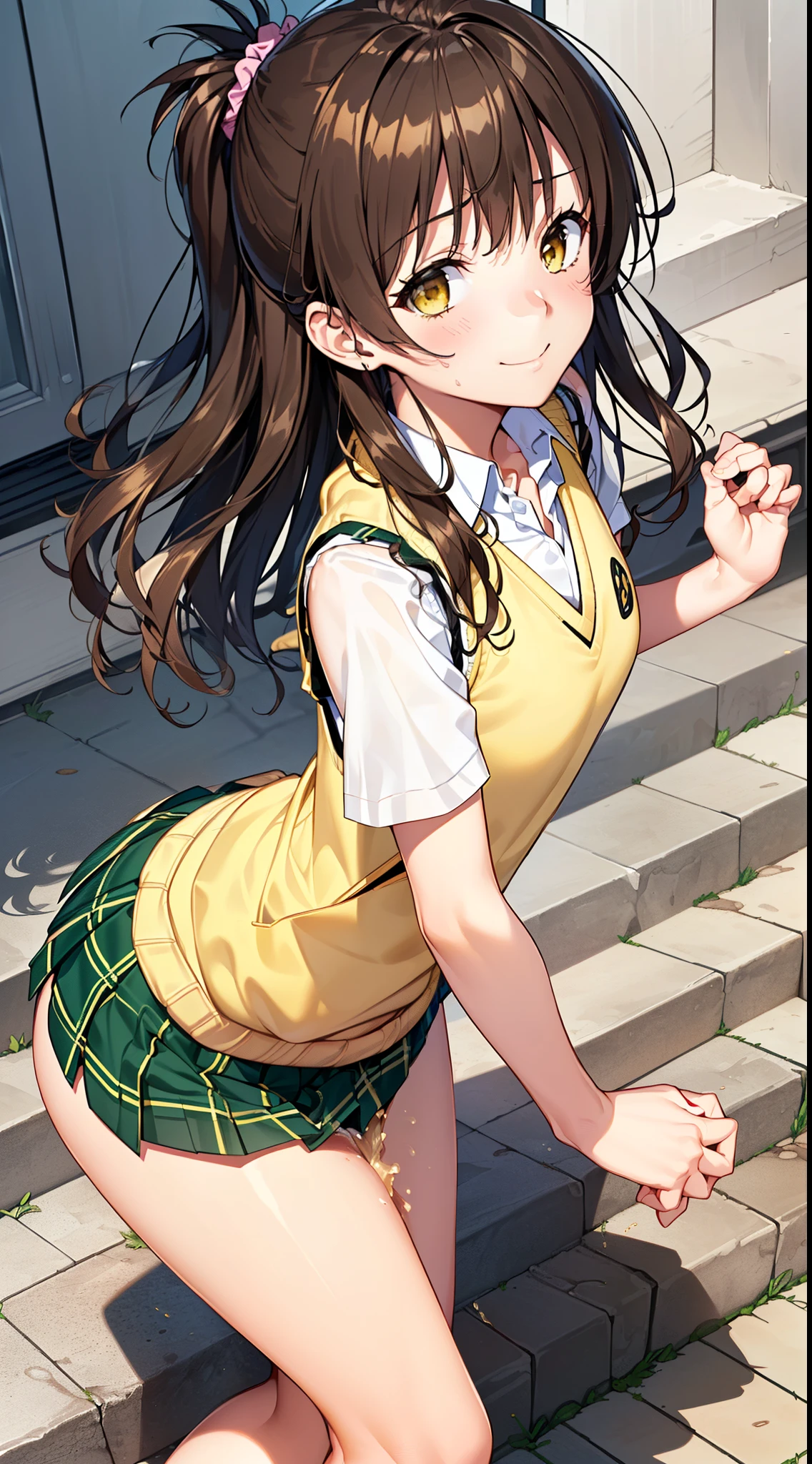 ((masutepiece, Best Quality, hight resolution, nffsw, Perfect Pixel, 4K, nffsw, nffsw))), 1girl in, Single, Solo, Beautie、full body seen、 (mikan yuuki, (brown eyes:1.5), brown hair, hair ornament, hair scrunchie, long hair, pink scrunchie, scrunchie), ((Smooth texture:0.75, Realistic texture:0.65, Photorealistic:1.1, Anime CG style)), medium breasts, Dynamic Angle, Perfect body, ((green skirt, plaid, plaid skirt, sainan high school uniform, school uniform, skirt, shirt, white shirt, sweater vest, (yellow sweater vest:1.5)), City staircase、Looking up from the bottom of the stairs、Very embarrassing panic smile, turned around、bending forward、(The wind flipped my skirt and exposed my butt.................、Touching the buttocks with both hands、Pink lace panties), ((peeing, peeing self))