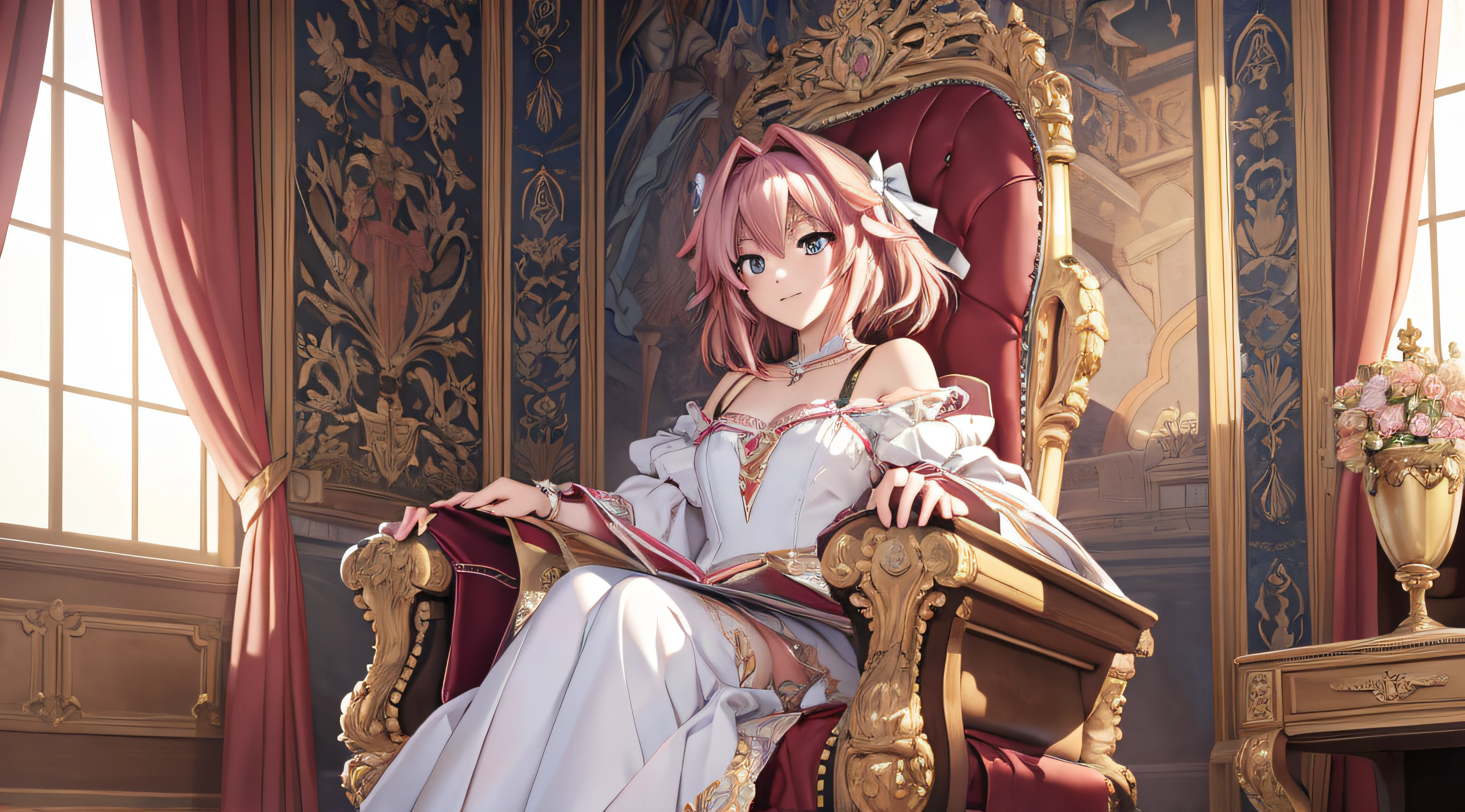 masterpiece, highres, best quality, highly detailed, wallpaper, painterly, brush strokes, one astolfo, sat in the princess chair, kingdom vibes