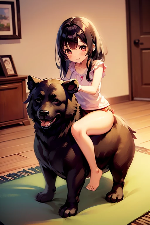 1girl, best quality, masterpiece, cute anime girl riding on a chocolate lab \(dog\), big butt, big thighs, barefoot, black hair, underwear, in a house