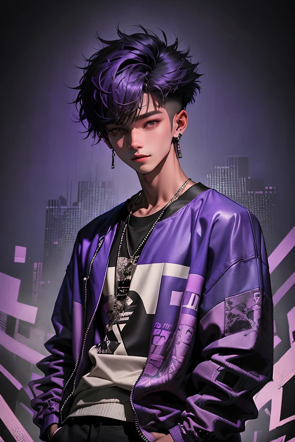 kpop young age boy with fade cut dark purple, open purple jacket with dark blue shirts, smile, attractive, casino background, popstar, He has a normal Putt Putt Troll appearance overall, casino background