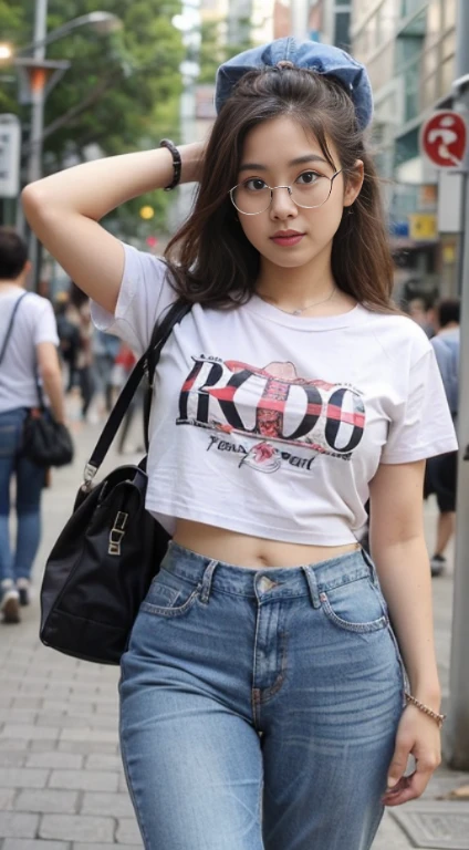 ((bestquality, 10, masterpiece: 1.3)), Fat Body Beauty: 1.4, Chinese Beauty, busty: 1.6, Rounded thighs: 1.6, long-haired, Highly detailed face and skin texture, delicate eyes, 二重まぶた, round face, thin lips, smile, Rich shape, Fair-skinned, (Random costume, t-shirt, jeans: 1.6), standing pose, round glasses, In the background of the landscape, , (environment, in the city,Tokyo Metropolitan Area,japan,),