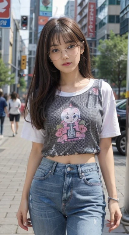 ((bestquality, 10, masterpiece: 1.3)), Fat Body Beauty: 1.4, Chinese Beauty, busty: 1.6, Rounded thighs: 1.6, long-haired, Highly detailed face and skin texture, delicate eyes, 二重まぶた, round face, thin lips, smile, Rich shape, Fair-skinned, (Random costume, t-shirt, jeans: 1.6), standing pose, round glasses, In the background of the landscape, , (environment, in the city,Tokyo Metropolitan Area,japan,),