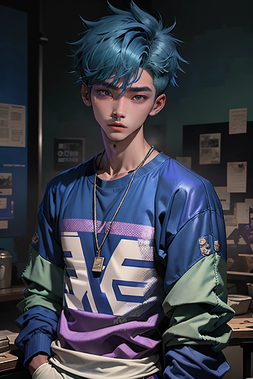 kpop young boy with fade cut blue skin and green hair, blue eyes, open purple jacket with dark blue shirts ,casino background, popstar, He has a normal Putt Putt Troll