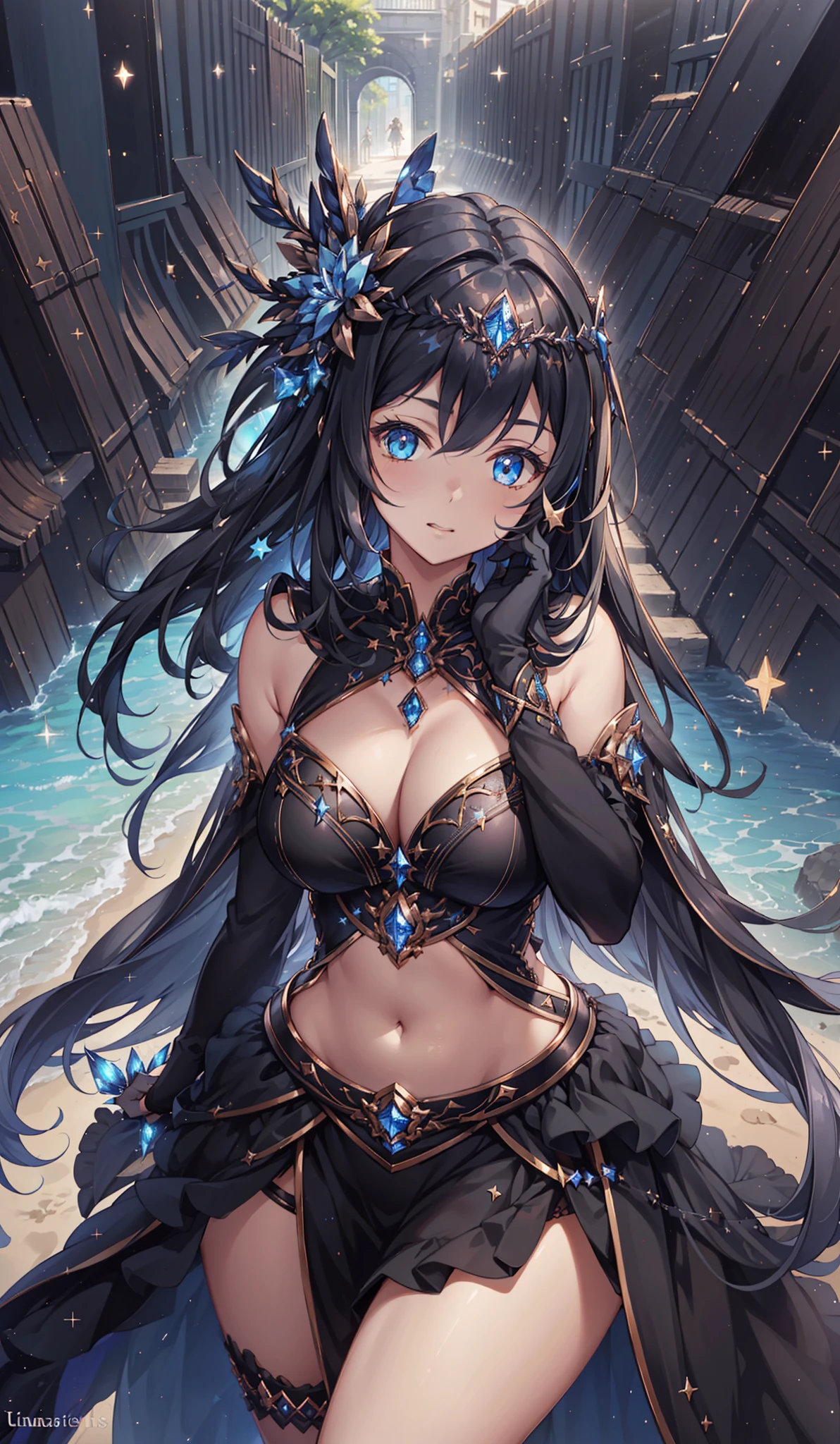 1 girl, (((ultra - detailed))), ((tmasterpiece)), ((illuminations)), , starlights, Black gorgeous dress, Curvy woman, veils, sliver long hair, Fair skin, Sagged Eyes, Starry eyes like the night sky, Belly up, facing the front there,The atmosphere of the night sky where stars shine
