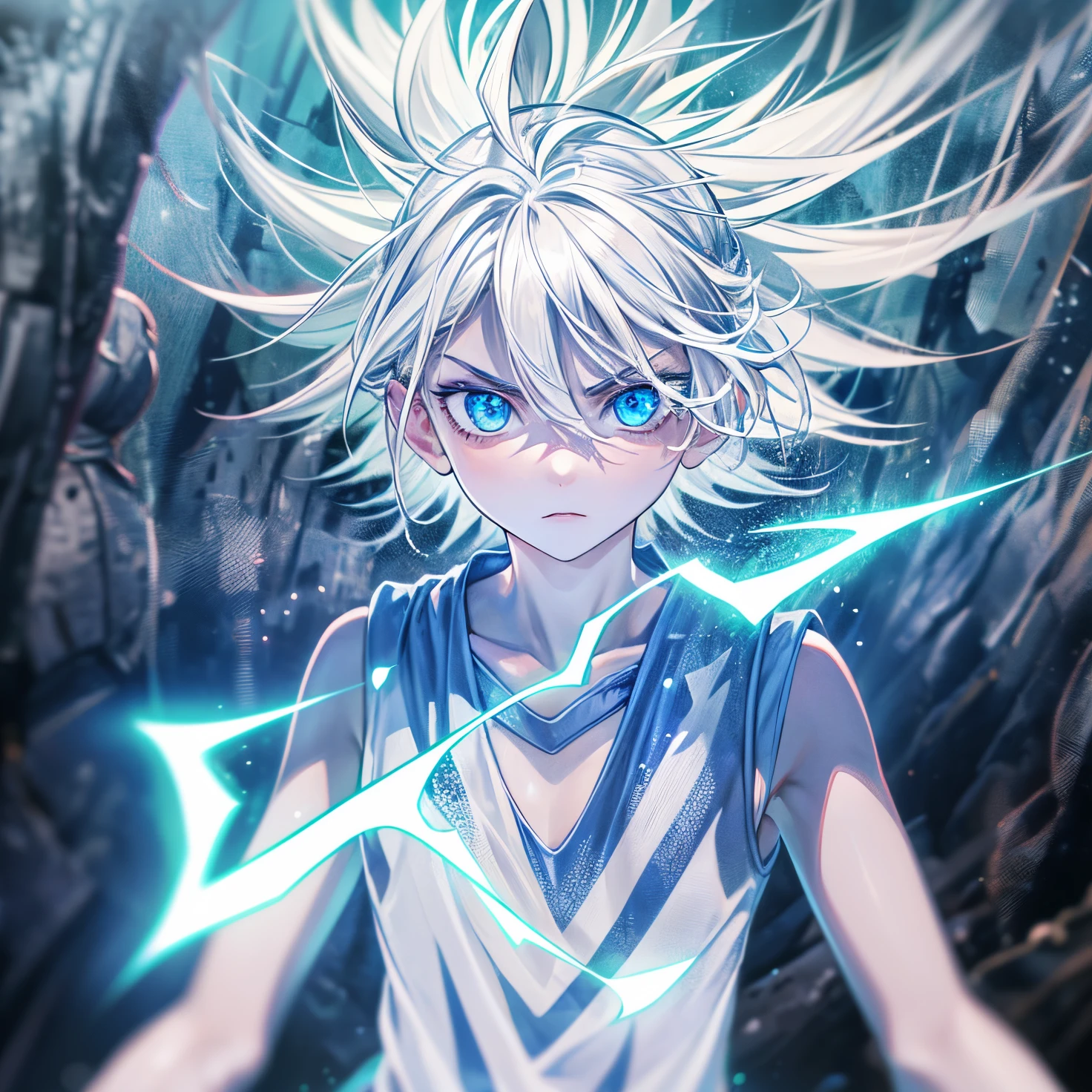 (Best Quality、Raw photo、profetional lighting、Top image quality、masterpiece、Live-action depiction、Top quality backdrop professional lighting、eyes are narrow、boy with sharp eyes、emit lightning、the eyes are blue、Hair that stands out with an entry look、White tank top、Angry look