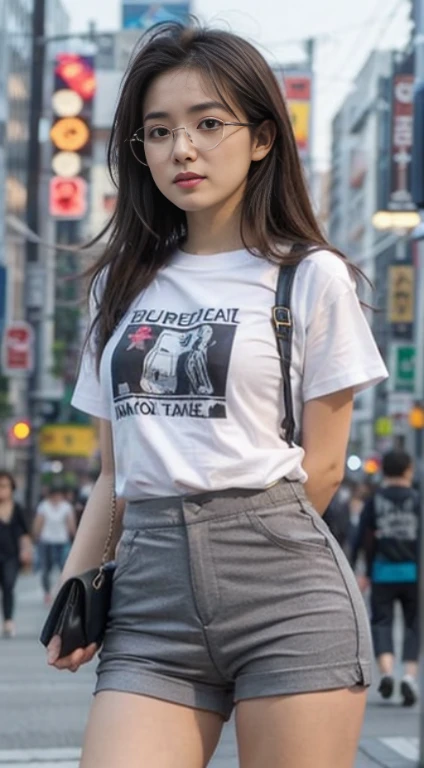 ((bestquality, 10, masterpiece: 1.3)), Fat Body Beauty: 1.4, Chinese Beauty, busty: 1.6, Rounded thighs: 1.6, long-haired, Highly detailed face and skin texture, delicate eyes, 二重まぶた, round face, thin lips, smile, Rich shape, Fair-skinned, (Random costumes, t-shirt, short pants: 1.6), standing pose, round glasses, In the background of the landscape, , (environment, in the city,Tokyo Metropolitan Area,japan,),