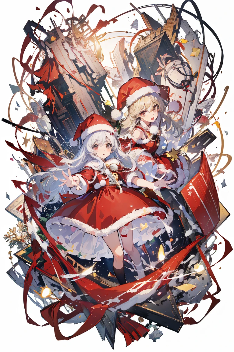 (masterpiece、top-quality、Official art:1.2)、Look at viewers、((2People Girls))、(santa costume)Christmas tree、Fragments of light are scattered、Transparent,floating colorful lights、(2D:1.5)