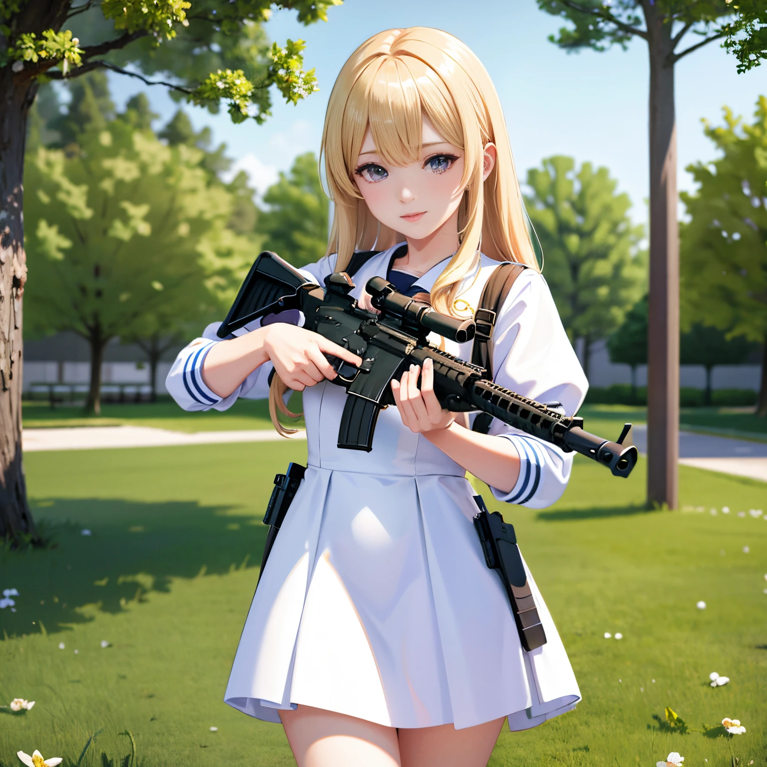 (masterpiece:1.2), best quality, highres, original, extremely detailed wallpaper, perfect lighting,(extremely detailed CG:1.2), 8k, illustration, 1girll,solo, m4 carbine,holding gun, blond hair, white sailor dress, shiny and delicate clothes, outdoor, stand