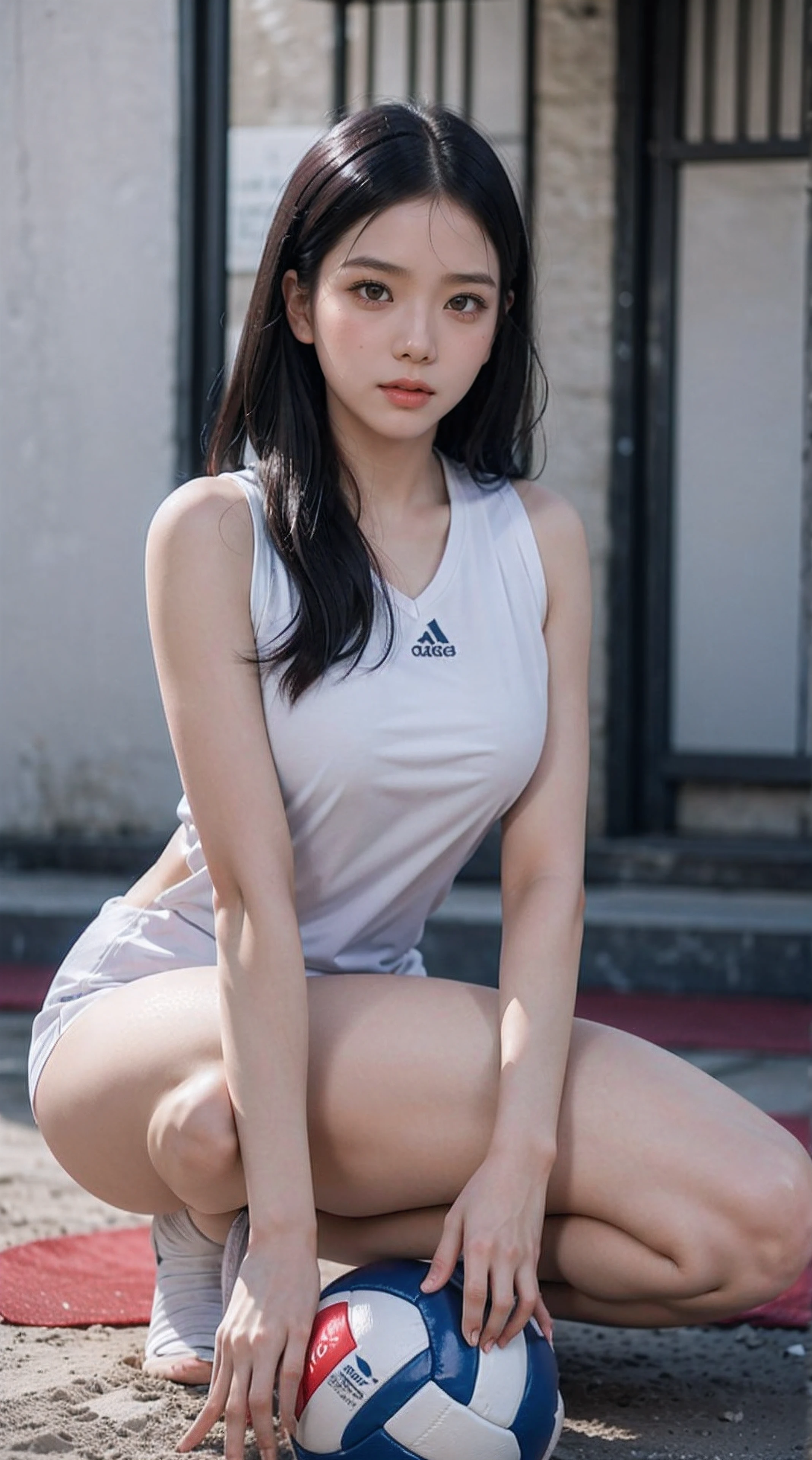 masterpiece:1.2、top-quality)、realisitic、(Authentic Photos、intricate detailes、depth of fields)、(1 girl in、独奏)、make - up、Parted lips、Highly detailed perfect face、(mideum breasts:1.4)、Constriction、tall、Shiny coral lips、Red hair、red eyes、poneyTail、(A girl playing volleyball、White Volleyball Uniform)、(Sweating:1.2)、(wet)、A sexy、red blush、crouching down、spread legswide、cammel toe