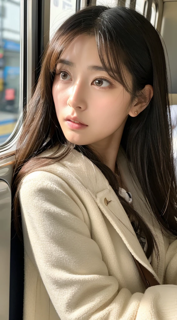 Top image quality、​masterpiece、Beautuful Women、japanes、25-years old、On the train、hold on to the strap、（masuter piece：1.3）、（in 8K、Photorealsitic、Raw photography、top-quality：1.4）、（1girl in）、beautiful expression、（Lifelike face）、（A dark-haired、Realistic eyes beautiful details、（real looking skin）、White coat、muffler、absurderes、enticing、ultra res、A hyper-realistic、high detal、the golden ratio、serious faces、dual、long、Loose perm、Beautiful Japan Woman