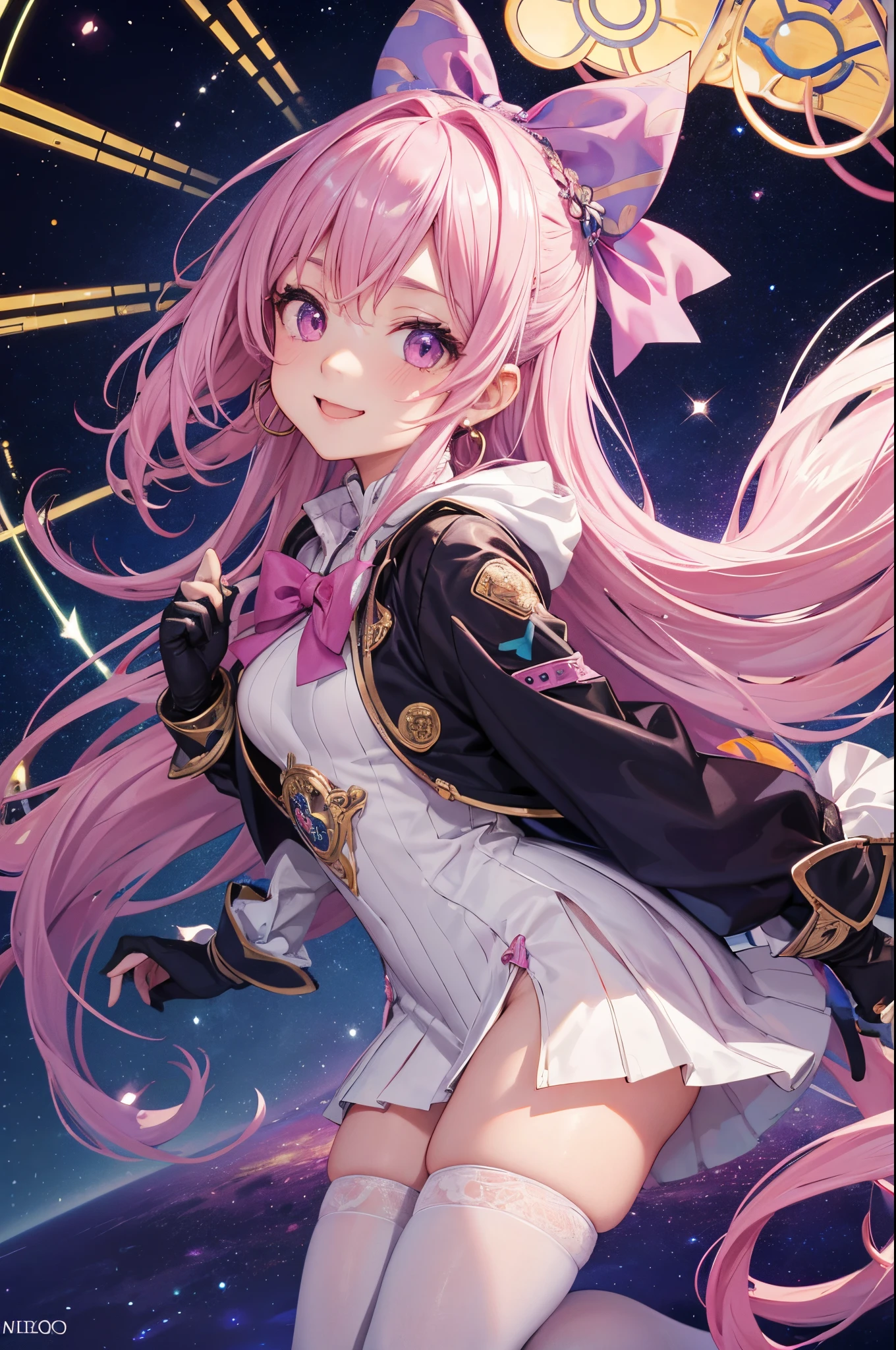 tmasterpiece, As estrelas, looking over city, intense shading, actual, a true, unbelievable_Huang Li, Wallpapers, Colorful, girl, Long gray hair, with pink hair, curlies, view the viewer, smilingly, Excited, ribbed sweater, hoody, Minkitz, White panty hose, the bow, the hair_the bow, Pink collar, Wear gloves on elbows, half gloves, ear ?????? ring, Verism, by Alfons Mucha, cinematic lighting, anime, anatomically correct, Best quality