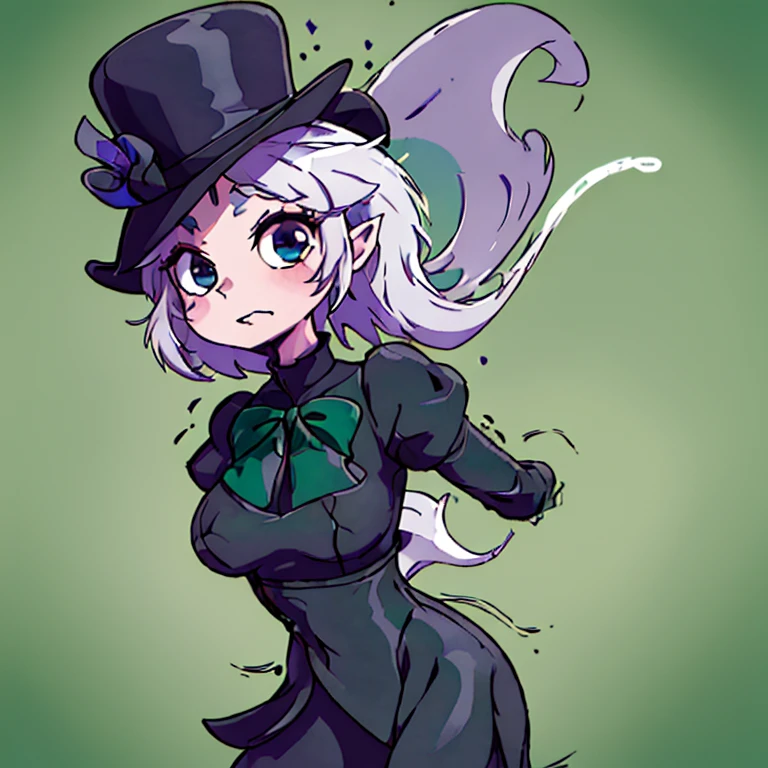 ((Obra maestra,La mejor calidad)), El fantasma tiene un cuerpo blanco con ojos y boca negros. He  dressed in a black top hat with a green band and a green bow tie. Furthermore, the ghost has a green gem on his chest purple theme, Cementerio en el fondo,