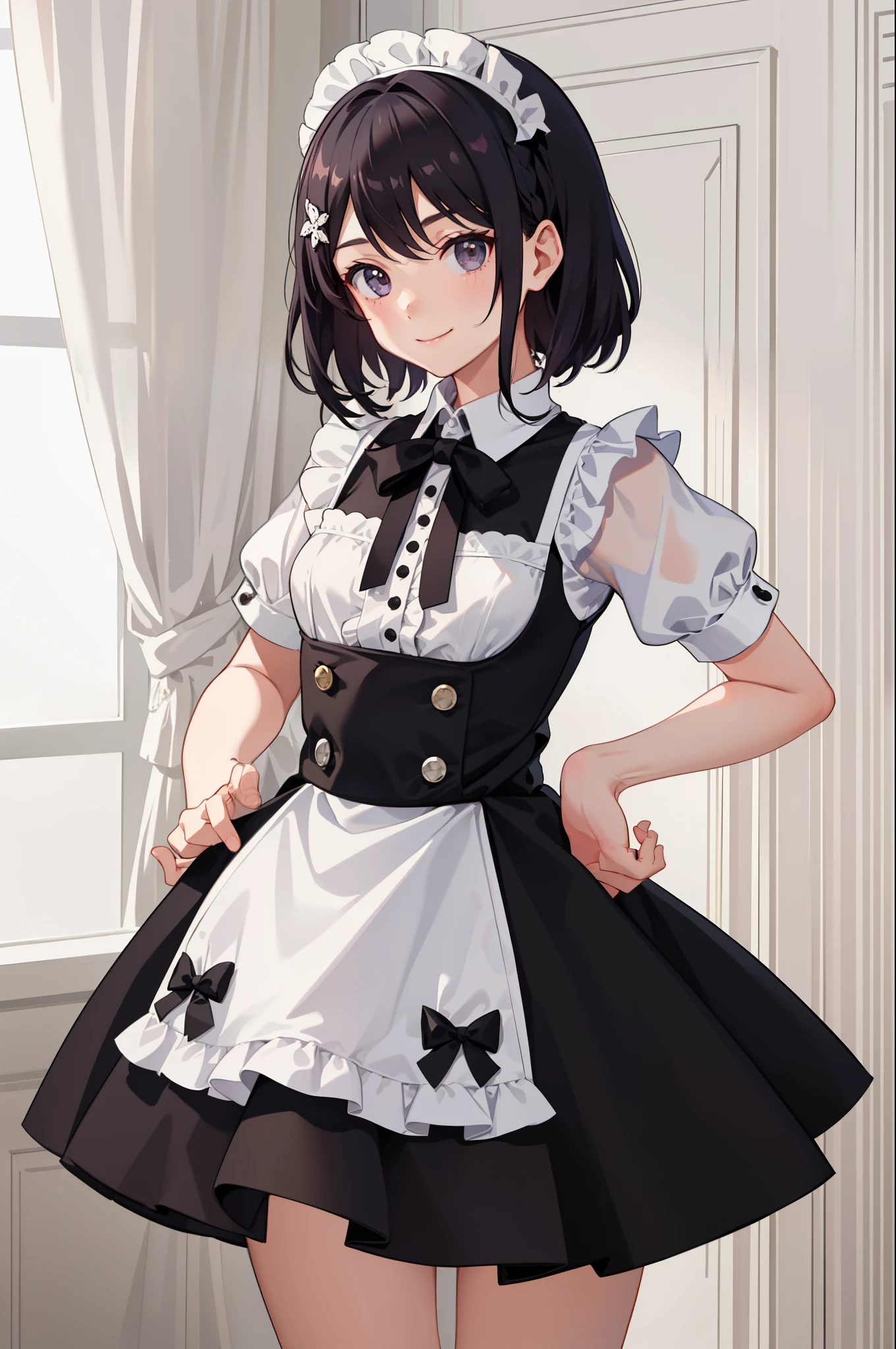 1girl in、A smile、A delightful、skirt by the、(small tits)Chilarism、doress、pinafore,,,,,,、Maids,,,,,,,,、hair ornament movement、