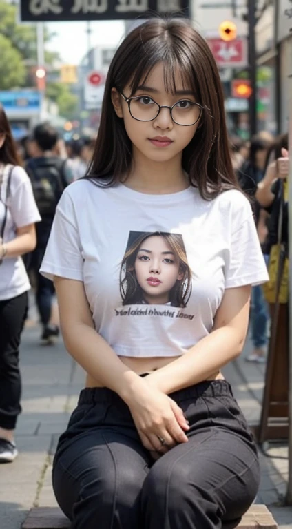 ((bestquality, 10, masterpiece: 1.3)), Fat Body Beauty: 1.4, Chinese Beauty, busty: 1.6, Rounded thighs: 1.6, long-haired, Highly detailed face and skin texture, delicate eyes, 二重まぶた, round face, thin lips, smile, Rich shape, Fair-skinned, (T-shirt with message"Chiang Mahod pants, trousers: 1.6), standing pose, Sitting posture, round glasses, (environment, in the city,Street Market,Tokyo Metropolitan Area,japan,),