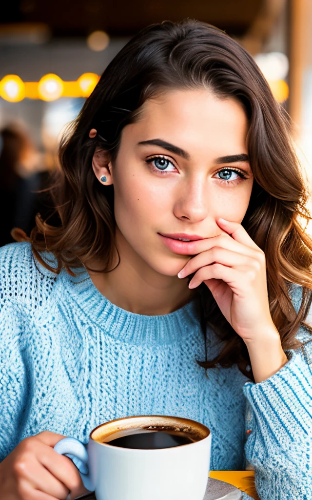 beautiful brunette wearing love sweater(sipping coffee inside a modern café at sunset), very detailed, 21 years old, innocent face, natural wavy hair, blue eyes, high resolution, masterpiece, best quality, intricate details, highly detailed, sharp focus, detailed skin, realistic skin texture, texture, detailed eyes, professional, 4k, charming smile, shot on Canon, 85mm, shallow depth of field, kodak vision color, perfect fit body, extremely detailed, foto_\(ultra\), photorealistic, realistic, post-processing, maximum detail, roughness, real life, ultra realistic, photorealism, photography, 8k uhd, photography