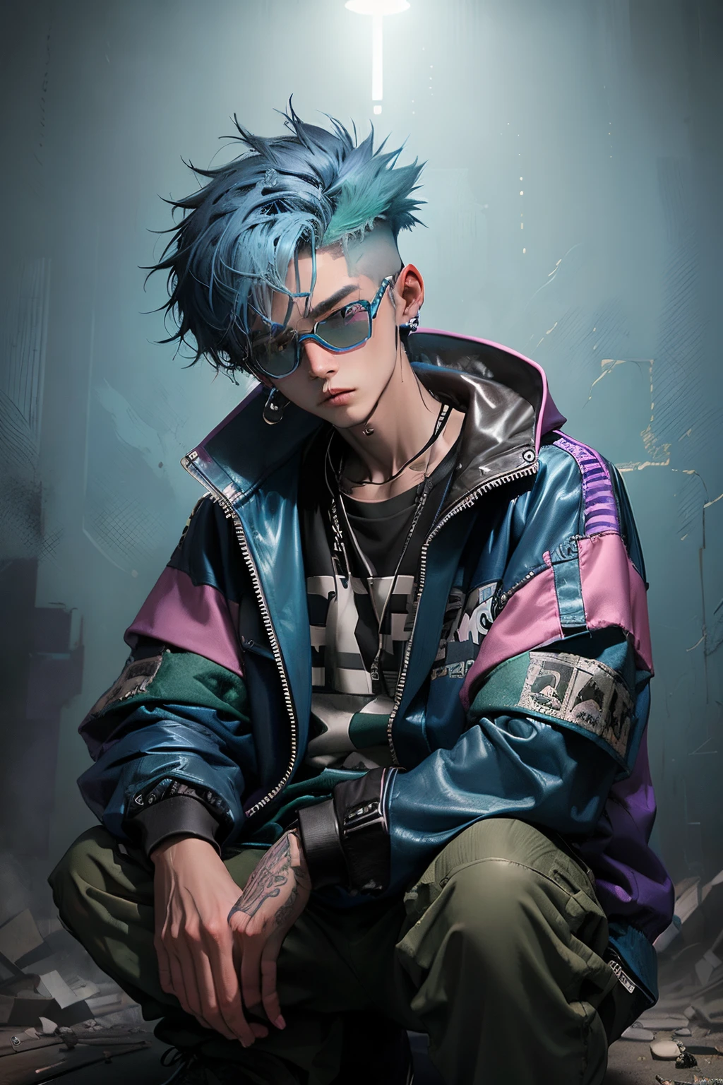 kpop young age boy with fade cut blue skin and green hair, blue eyes, open purple jacket with dark blue shirts ,wears a brown leather jacket with a white and dark-brown spotted fur collar, green pants that go down to his knees and signature green skiing goggles in top hair with a pink lenses, casino background, popstar, He has a normal Putt Putt Troll