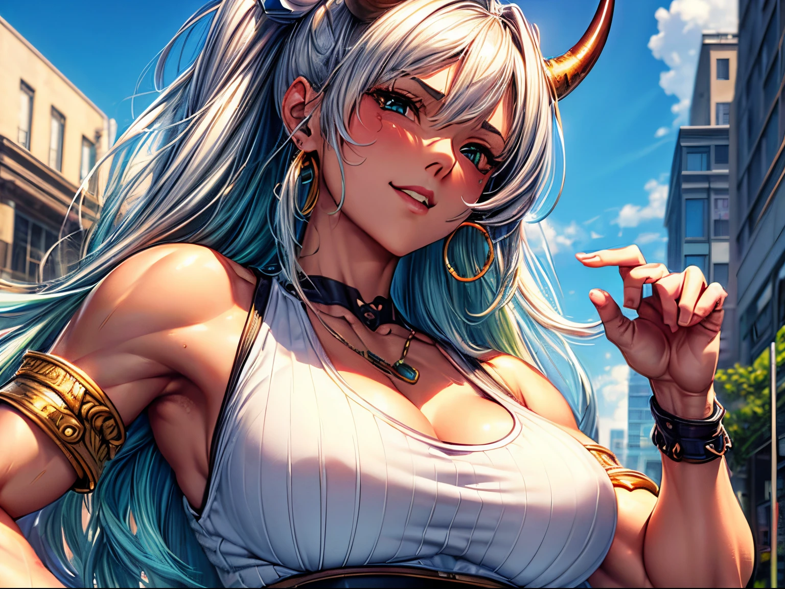 (Best quality at best,8K,A high resolution,tmasterpiece:1.2),Digital artwork,A muscular girl，detailed face，detailed eyes，oni horn，silver hair，green lowerhalf hair，big breasts，golden ear ring， Top tank，jeanront view，street shot