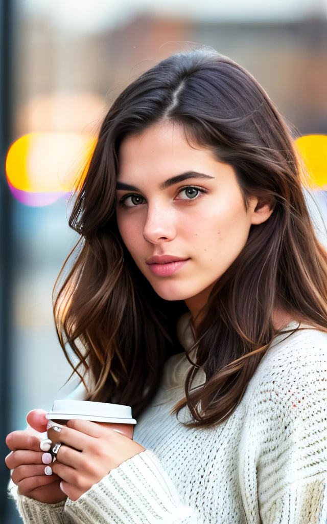 beautiful brunette wearing love sweater(sipping coffee inside a modern café at sunset), very detailed, 21 years old, innocent face, natural wavy hair, blue eyes, high resolution, masterpiece, best quality, intricate details, highly detailed, sharp focus, detailed skin, realistic skin texture, texture, detailed eyes, professional, 4k, charming smile, shot on Canon, 85mm, shallow depth of field, kodak vision color, perfect fit body, extremely detailed, foto_\(ultra\), photorealistic, realistic, post-processing, maximum detail, roughness, real life, ultra realistic, photorealism, photography, 8k uhd, photography