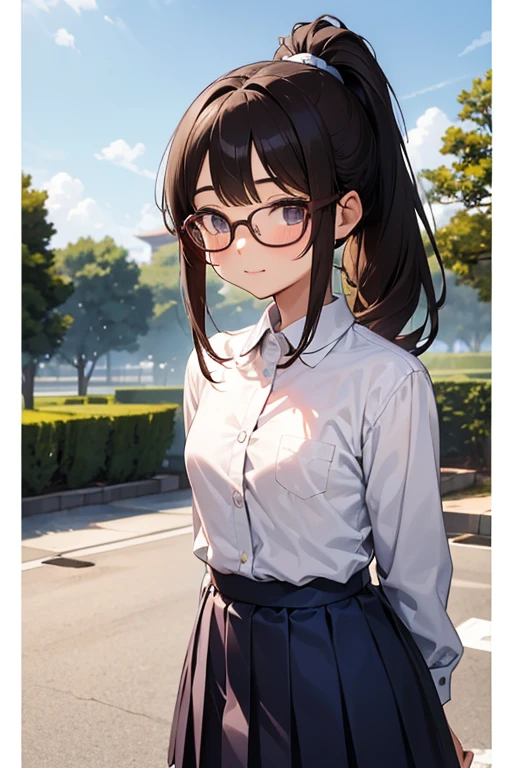 big glasses、12year old、a junior high school student、Asian Women、The face is cute、small tits、Height 156cm、Weight 34kg、Good style、sano、japanes、Beautiful brown hair、Hairstyle ponytail、white  shirt、Dark blue skirt、directly in front、full bodyesbian