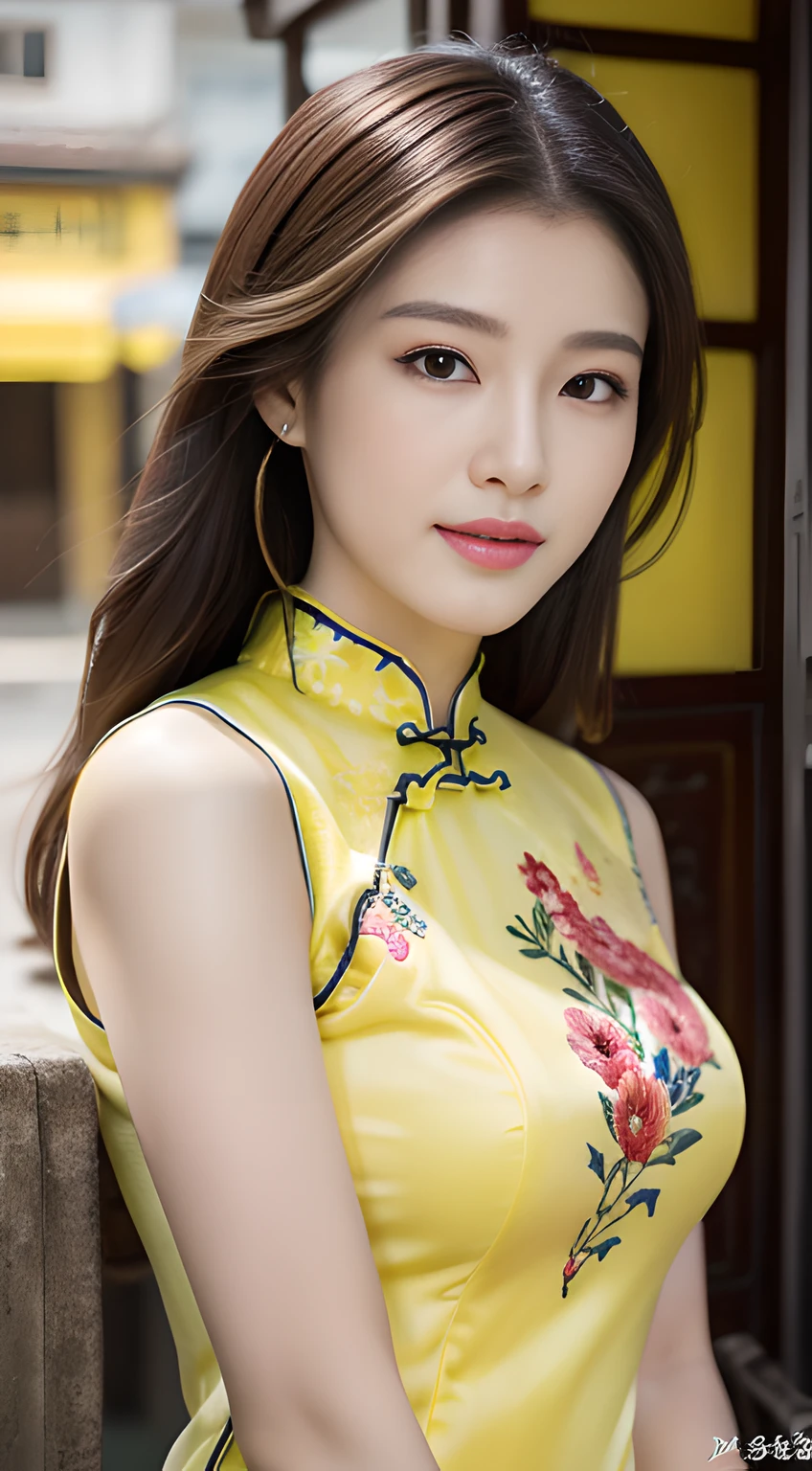 ulzzang -6500-v1.1, (Raw foto:1.2), (Photorealsitic:1.4), Delicate beautiful girl，The sparkling eyes have a very nice atmosphere...，18year old, Attractive eyes and moist lips，cabelos preto e longos，（ssmile：1.3），Detailed depiction of the face，Formula details，Detailed depiction of facial features Star Masterpiece Fine Detail，Describe your role in detail，Detailed depiction of hair，Carefully drawn ，My body is bumpy，Detailed depiction of the hand，Clothes drawn in detail，Detailed depiction of the face，face perfect，Detailed depiction of hands drawn in the military，4fingers and 1thumb：1.3），orthofacial，choker necklace，lipsticks，eardrop，，Photo of three-quarters，Works of masters，Infinitely close to reality，（Upper body photo：1.3），Highest image quality，best qualtiy，infinite details，8K分辨率，(((Beautiful patterned embroidered cheongsam 1.3)))，(((Yellow cheongsam)))，（Ancient courtyard scene：1.3）