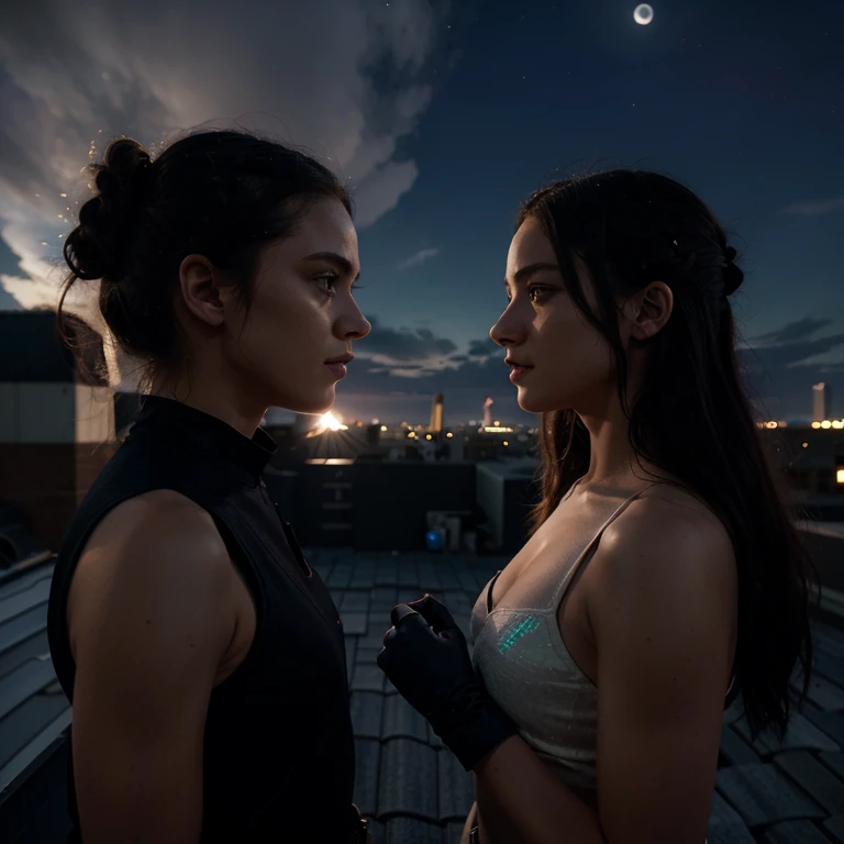 A moonlit rooftop where Aurora and Blaze first meet in their civilian identities, unaware of each other’s powers.